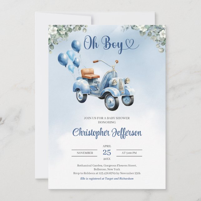 Invitation Bébé scooter ballon eucalyptus garçon Baby shower (Devant)