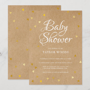 Invitation Bébé Shower Bohème Kraft Cœurs d'Amour Dorés