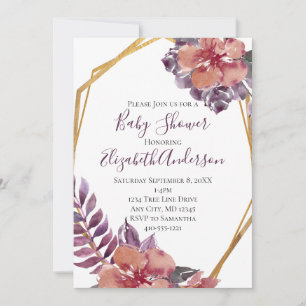 Invitation Bébé Shower Cadre Doré Fleurs Rose Violet Rouge