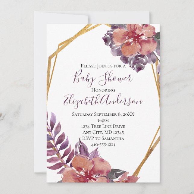 Invitation Bébé Shower Cadre Doré Fleurs Rose Violet Rouge (Devant)