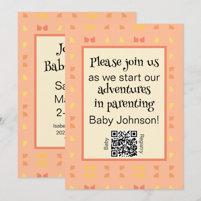 Invitation Bébé Shower Code QR Géométrique Jaune Pêche (Devant / Derrière)