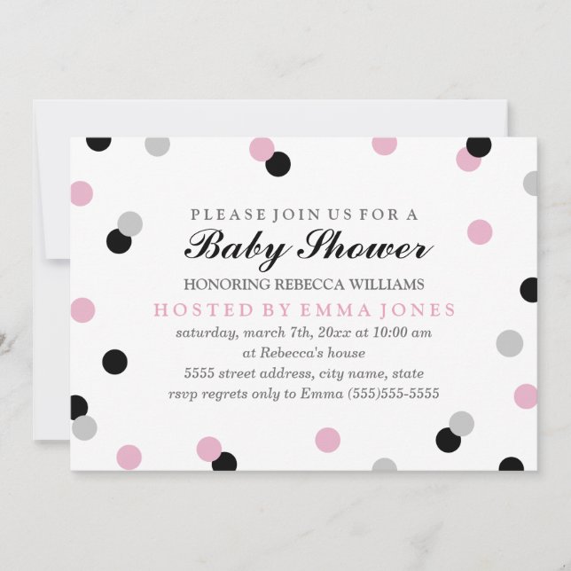 Invitation bébé Shower Confetti Rose Noir Gris (Devant)