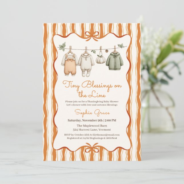 Invitation Bébé Shower de Thanksgiving Fille | Linge Conforta (Debout devant)