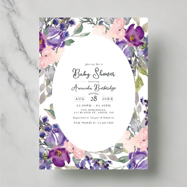 Invitation Bébé Shower Élégant Fleurs Violettes et Roses (Elegant Purple and Pink Floral Baby Shower Invitation)