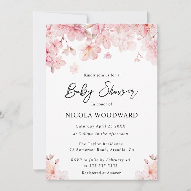 Invitation Bébé Shower Fleurs de Cerisier au printemps à l'aq (Devant)