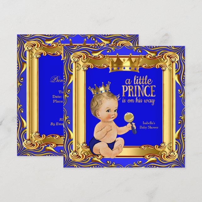Invitation Bébé Shower Garçon Blond Prince Royal Bleu Or (Devant / Derrière)