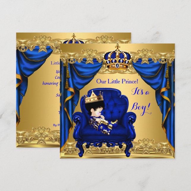 Invitation Bébé Shower Garçon Petit Prince Bleu Royal Doré 2 (Devant / Derrière)