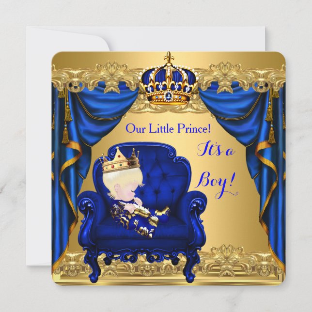 Invitation Bébé Shower Garçon Petit Prince Bleu Royal Doré 3 (Devant)