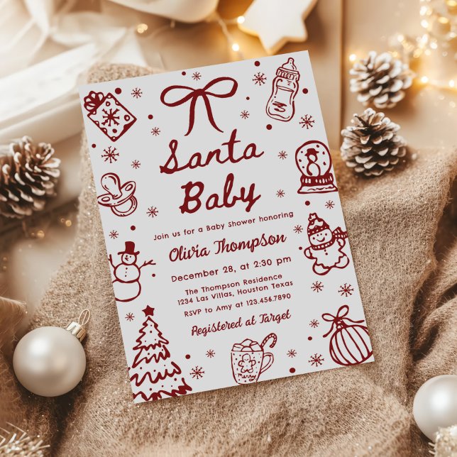 Invitation Bébé Shower Noël Santa Dessiné à la Main Rouge (Créateur téléchargé)