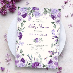 Invitation Bébé shower papillons floraux violets