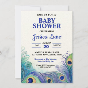 Invitation Bébé Shower Plumes de Paon Vert Pastel et Bleu