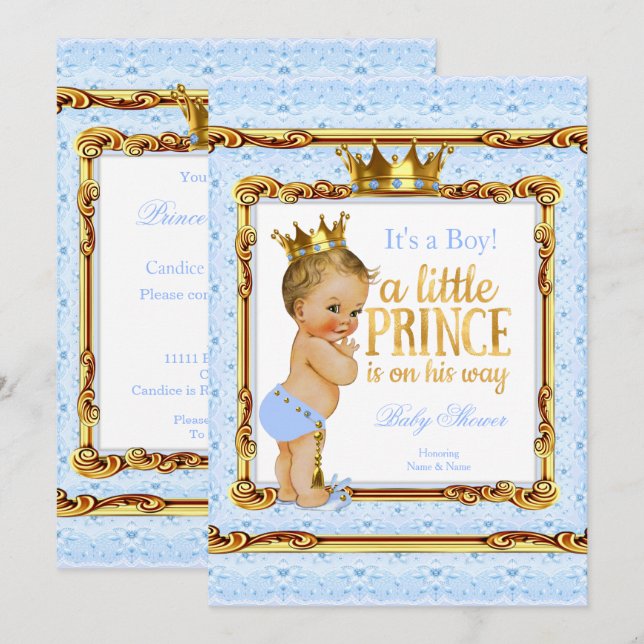 Invitation Bébé Shower Prince Bleu Clair Or Blanc Blonde (Devant / Derrière)