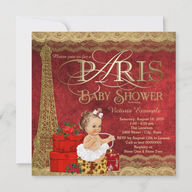 Invitation Bébé Shower Rouge Or Paris (Devant)