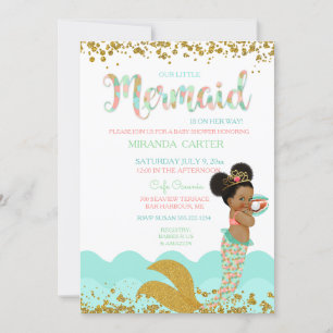 Invitation Bébé sirène fille afro-américaine pêche menthe or