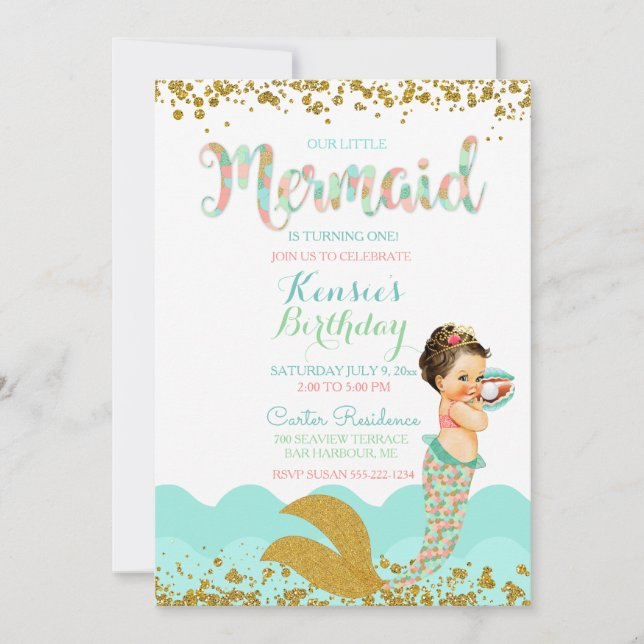Invitation Bébé sirène fille pêche corail menthe or (Devant)