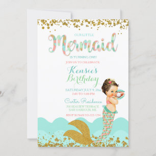 Invitation Bébé sirène fille pêche corail menthe or