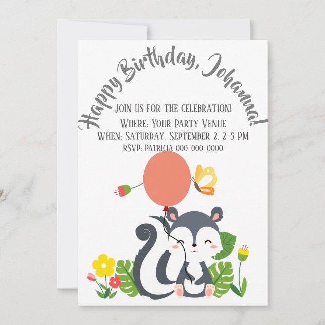 Invitation Bébé Skunk, Papillon & Fleurs Anniversaire (Devant)