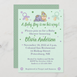 Invitation Bébé Snuggle - Baby shower vert & violet