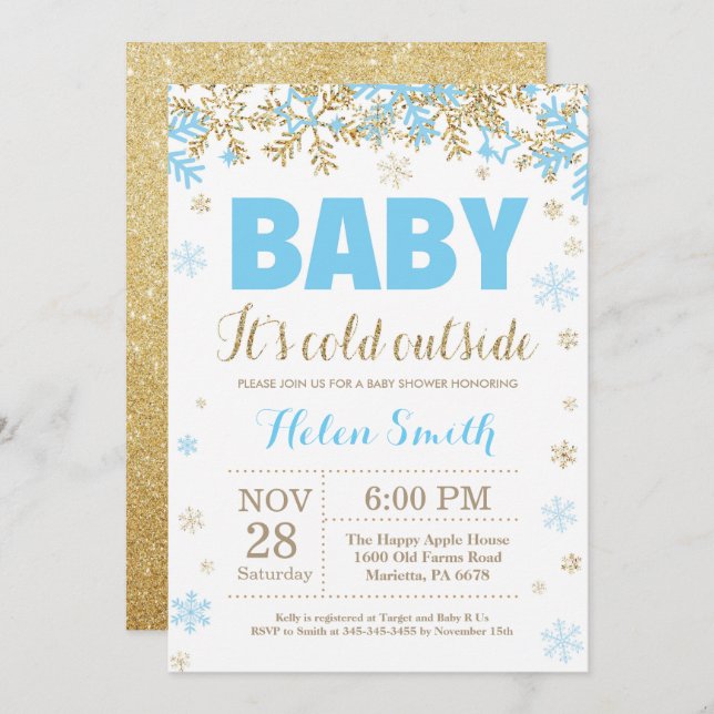 Invitation Bébé son Baby shower Cold Outside Blue Gold Boy (Devant / Derrière)