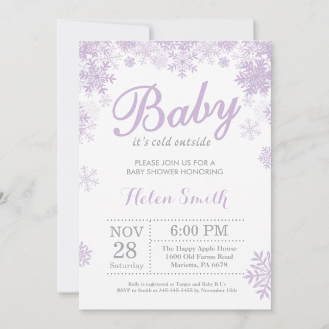 Invitation Bébé son baby shower extérieur froid de pourpre (Devant)