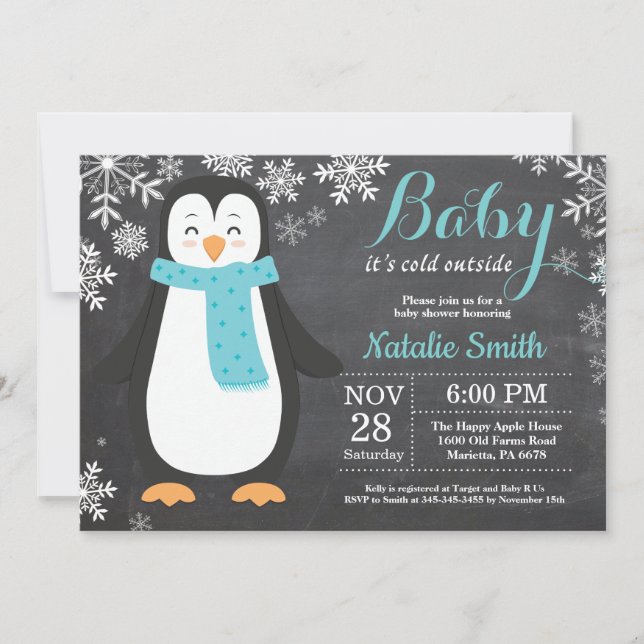 Invitation Bébé son Baby shower froid à l'extérieur de Pengui (Devant)