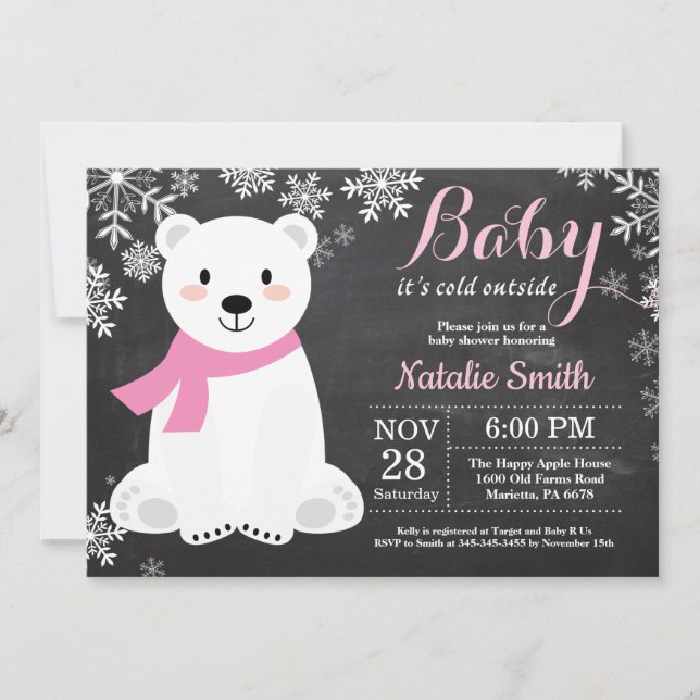 Invitation Bébé son baby shower froid de fille d'ours blanc (Devant)
