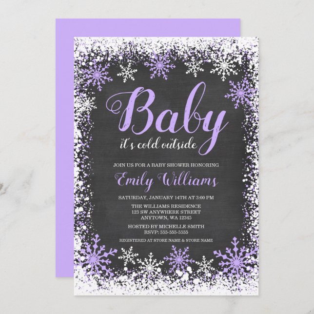 Invitation Bébé son baby shower pourpre de fille de neige (Devant / Derrière)