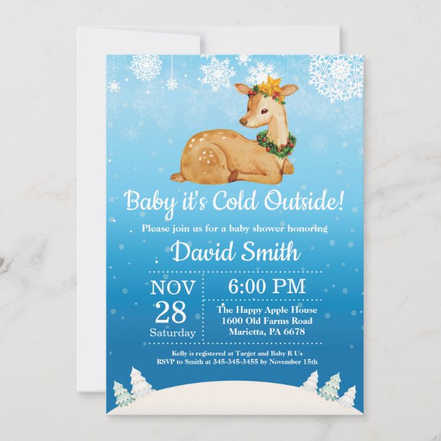 Invitation Bébé son froid dehors Baby shower de cerfs d'hiver (Devant)