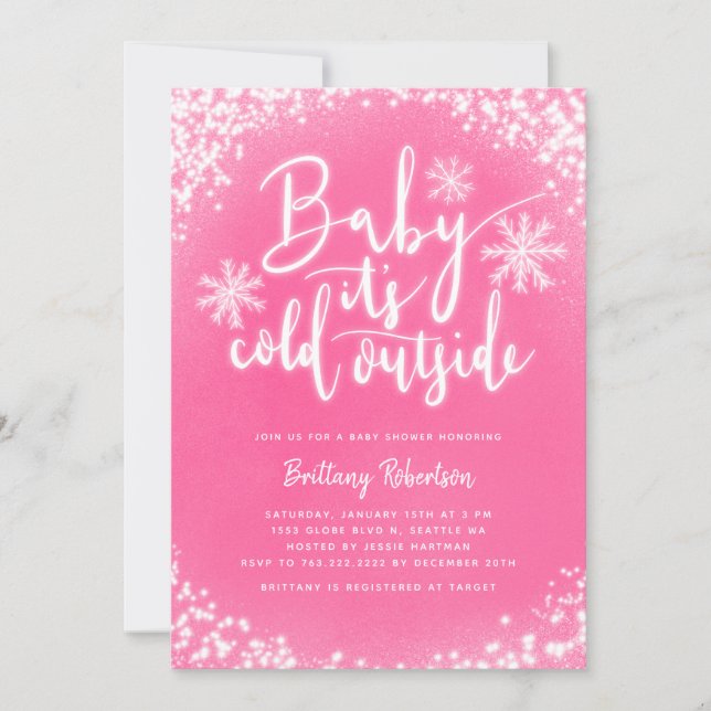 Invitation Bébé son froid dehors Baby shower d'hiver rose (Devant)