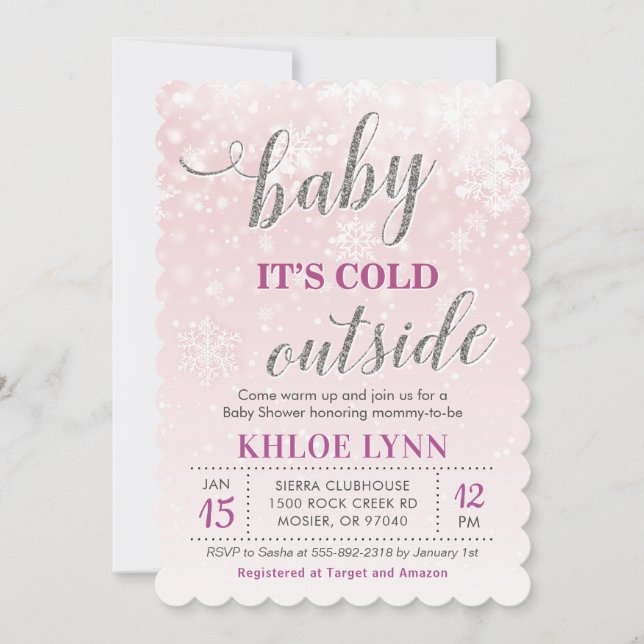 Invitation Bébé son froid dehors Baby shower d'hiver rose fil (Devant)