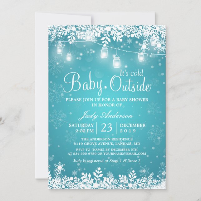 Invitation Bébé son froid dehors Baby shower d'hiver Turquois (Devant)