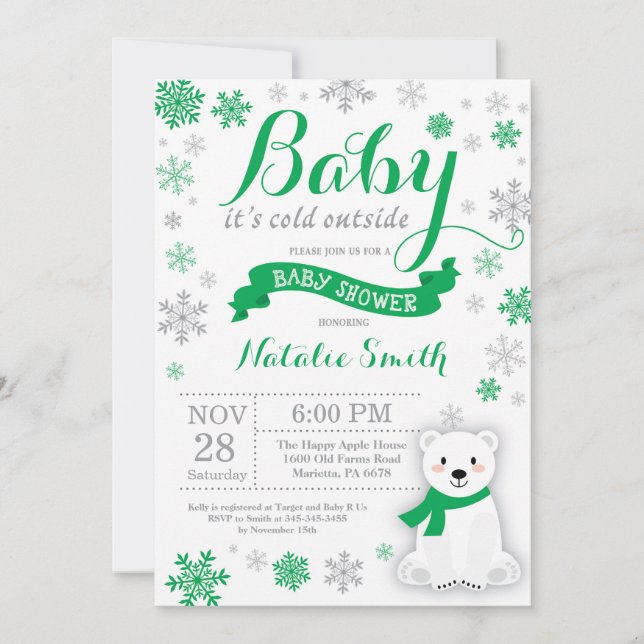 Invitation Bébé son froid dehors Baby shower d'hiver Vert (Devant)