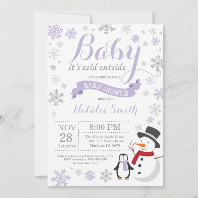 Invitation Bébé son froid dehors Baby shower d'hiver violet (Devant)