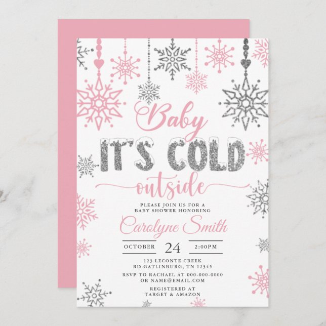 Invitation Bébé son froid dehors Baby shower fille rose (Devant / Derrière)