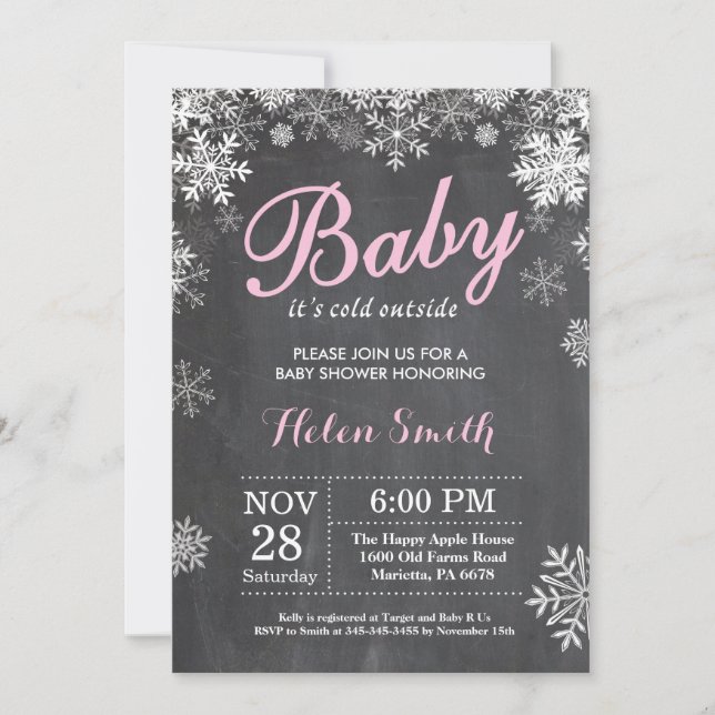 Invitation Bébé son froid dehors Hiver Baby shower fille rose (Devant)