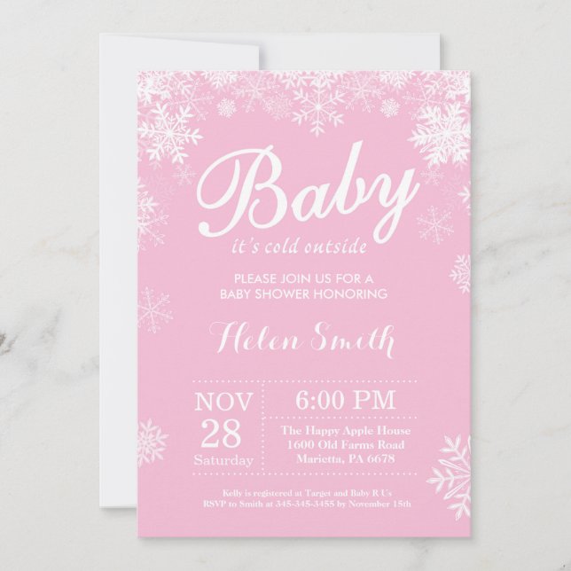 Invitation Bébé son froid dehors Hiver Baby shower fille rose (Devant)
