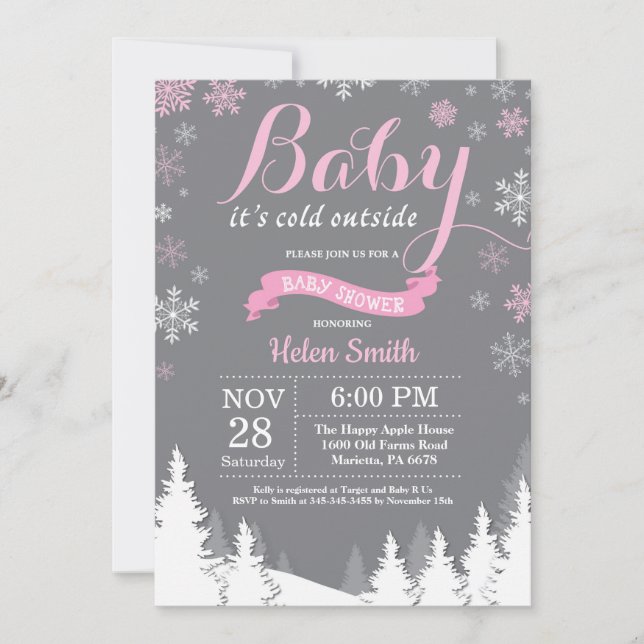 Invitation Bébé son froid dehors Hiver Baby shower fille rose (Devant)