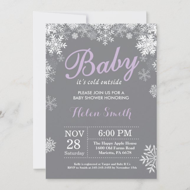 Invitation Bébé son froid dehors Hiver Baby shower pourpre (Devant)