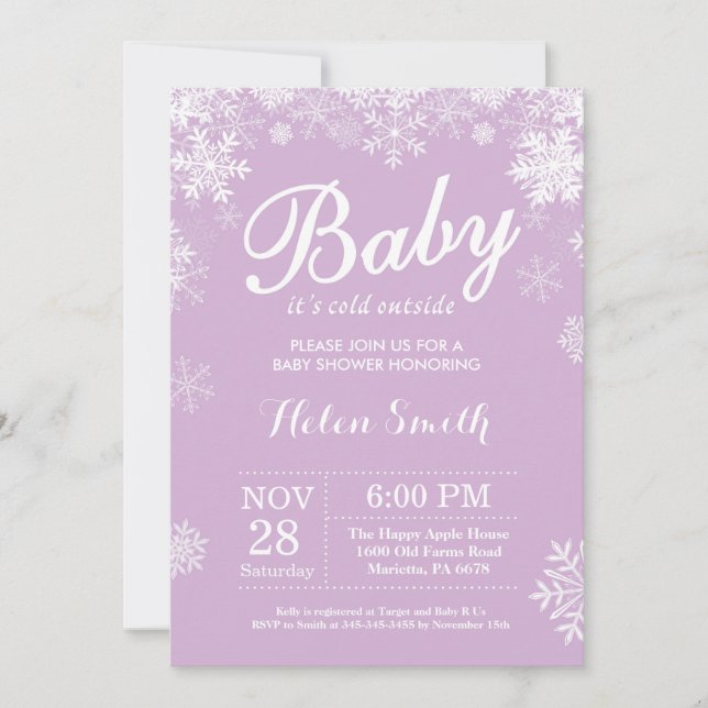 Invitation Bébé son froid dehors Hiver Baby shower pourpre (Devant)