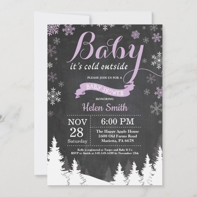 Invitation Bébé son froid dehors Hiver Baby shower pourpre (Devant)