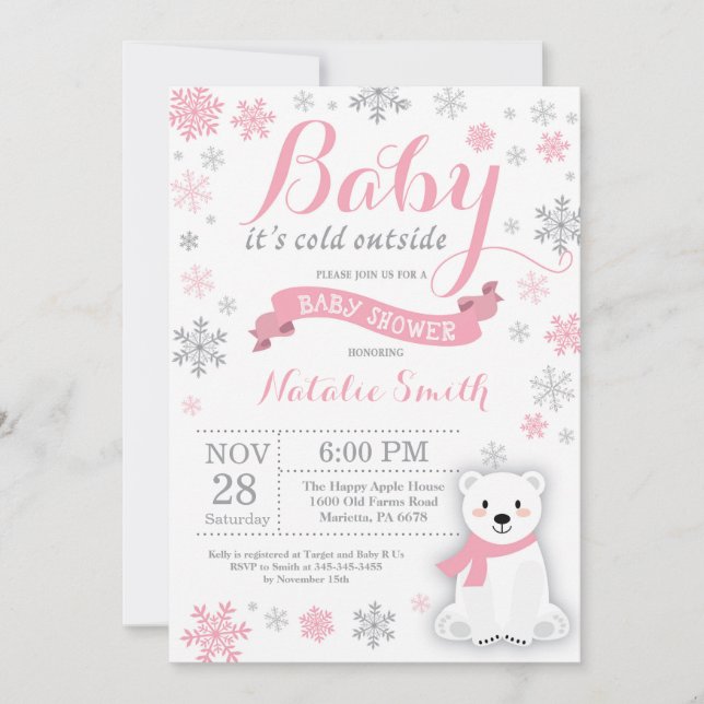 Invitation Bébé son froid dehors hiver fille Baby shower rose (Devant)