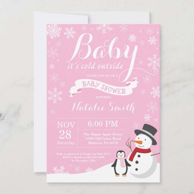 Invitation Bébé son froid dehors hiver fille Baby shower rose (Devant)