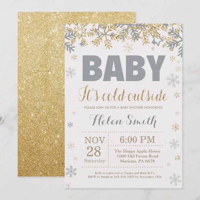 Invitation Bébé son froid extérieur Gold et Baby shower gris (Devant / Derrière)