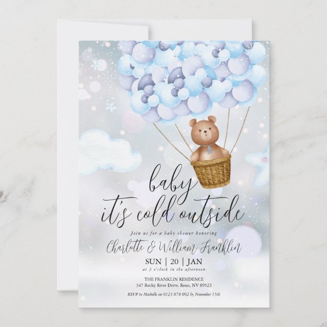 Invitation Bébé son ours en peluche froide Baby shower garçon (Devant)