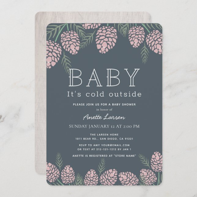 Invitation Bébé Son Pin Rose Froid Baby shower Marine (Devant / Derrière)