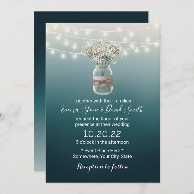 Invitation Bébé souffle Floral Jar Élégant Mariage Turquoise (Devant / Derrière)