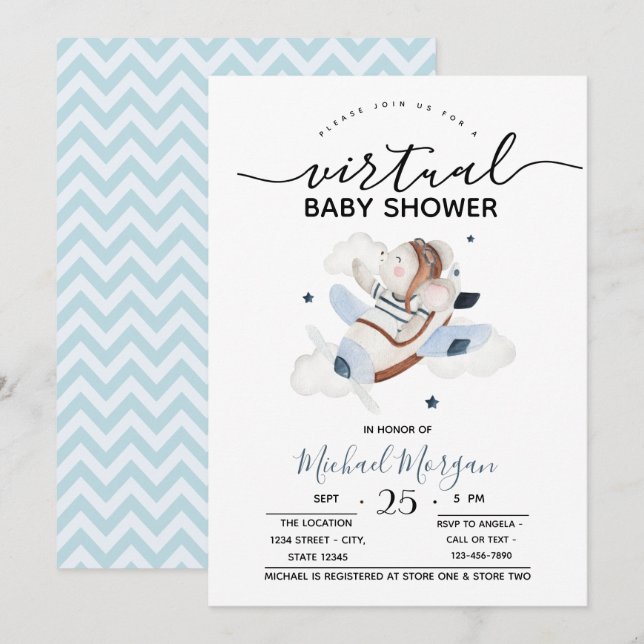 Invitation Bébé Souris Avion  Baby Shower Virtuel Zigzag (Devant / Derrière)