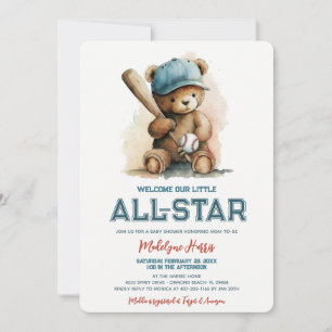 Invitation Bébé Sport Ours en Peluche Baseball Star Shower de