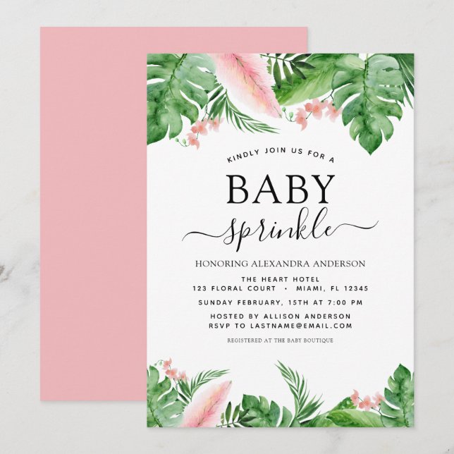 Invitation Bébé Sprinkle Douche Tropical Palm Floral (Devant / Derrière)