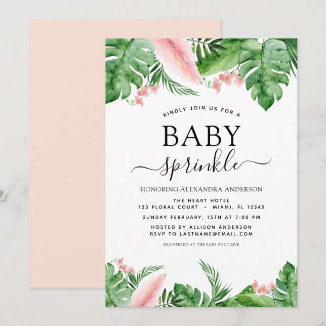Invitation Bébé Sprinkle Douche Tropical Palm Floral (Devant / Derrière)